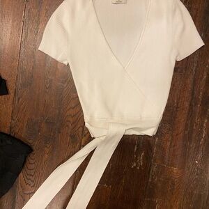 Wilfred Cream Short Sleeve Wrap Blouse with Tie Front